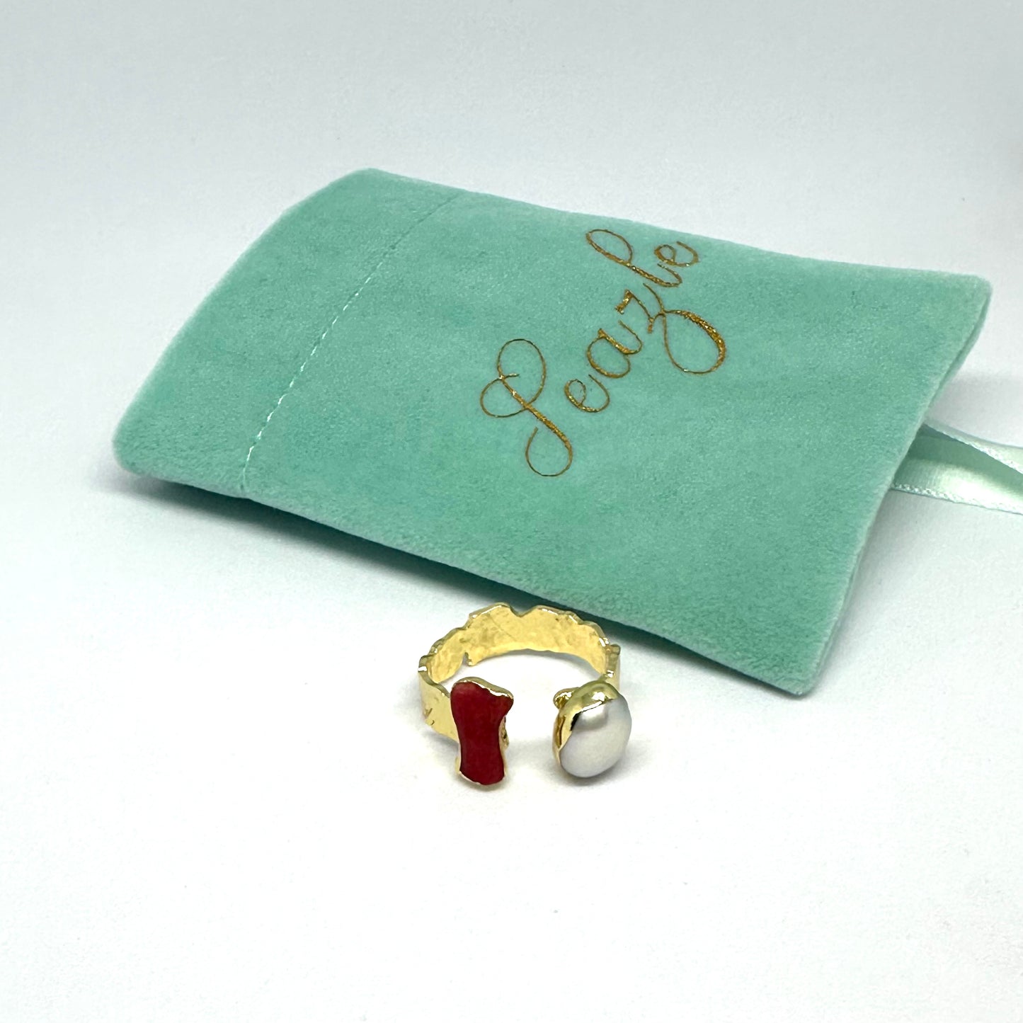 Double Stone Pearl and Coral Cuff Ring