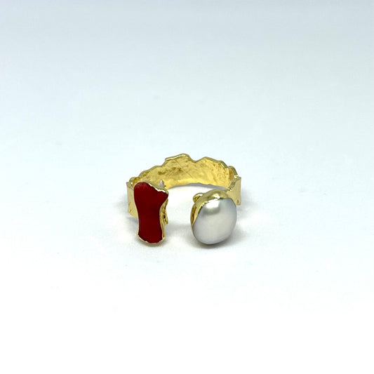Double Stone Pearl and Coral Cuff Ring