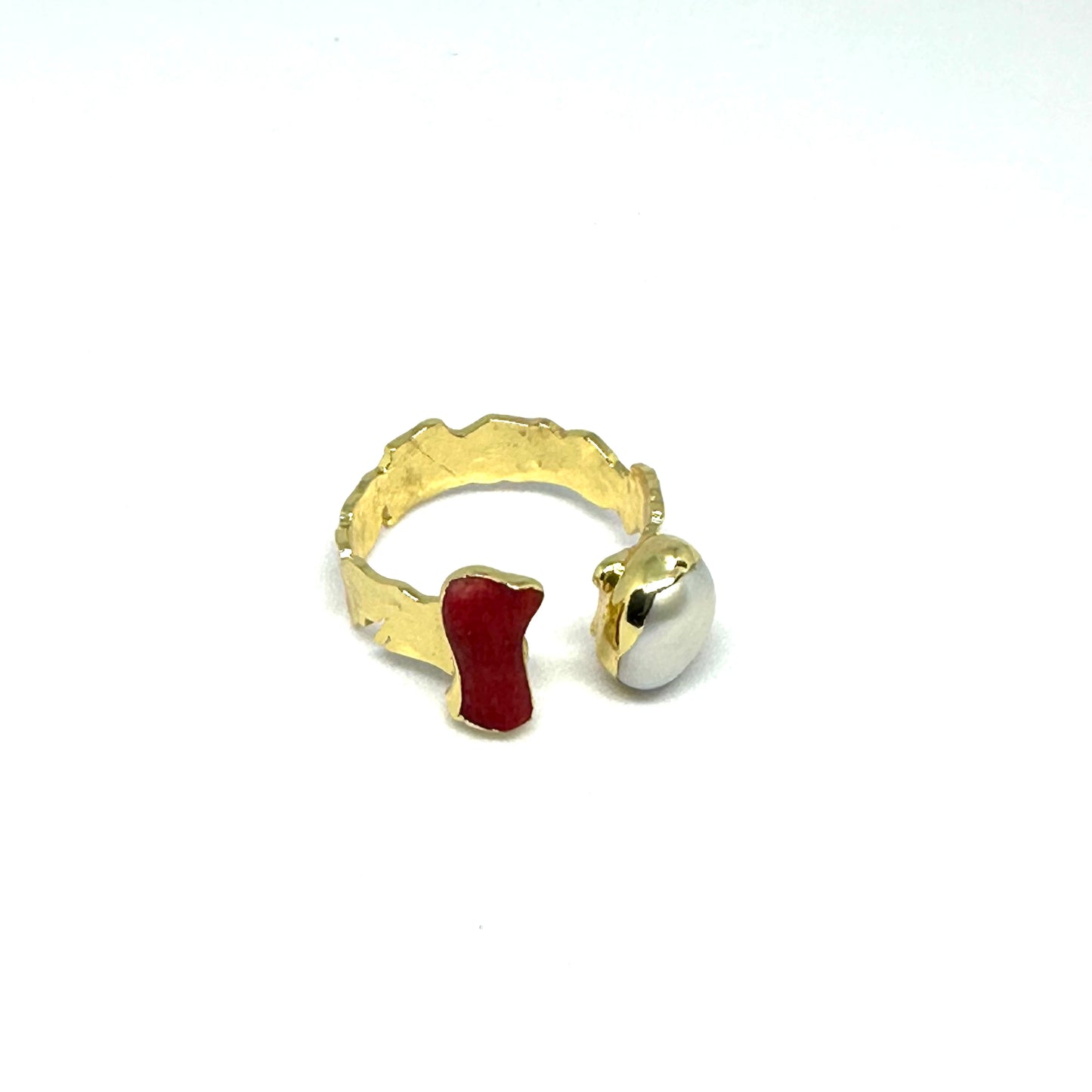 Double Stone Pearl and Coral Cuff Ring