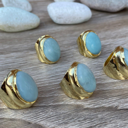 Statement Aqua Green Natural Amazonite and Gold Boho Ring
