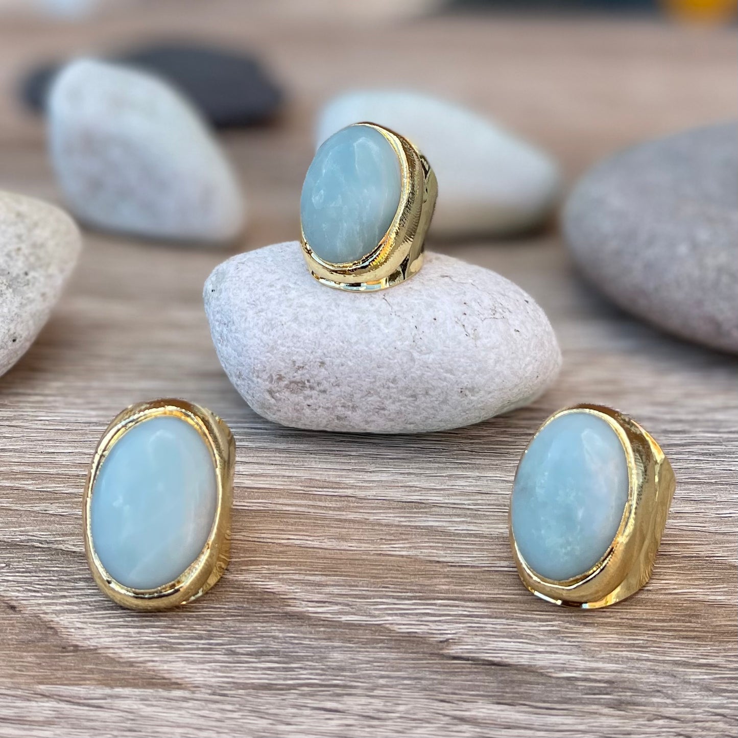 Statement Aqua Green Natural Amazonite and Gold Boho Ring