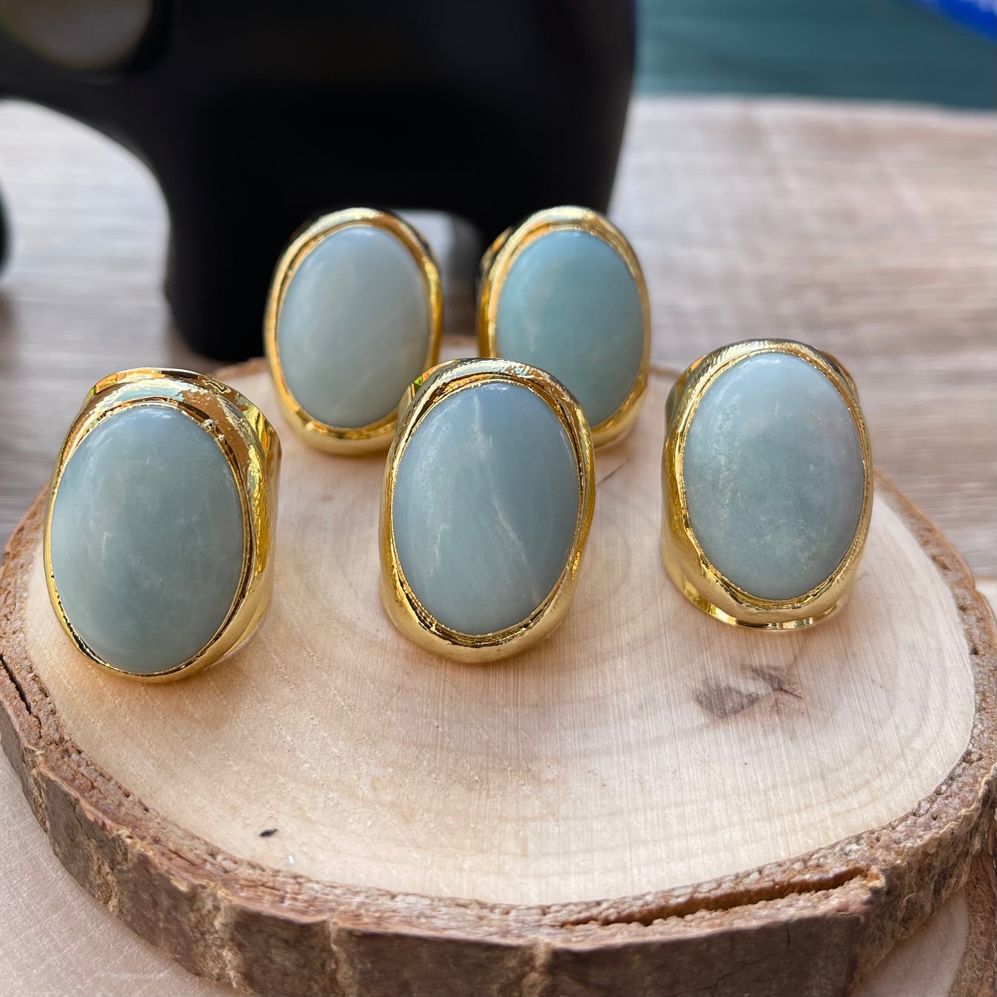 Statement Aqua Green Natural Amazonite and Gold Boho Ring